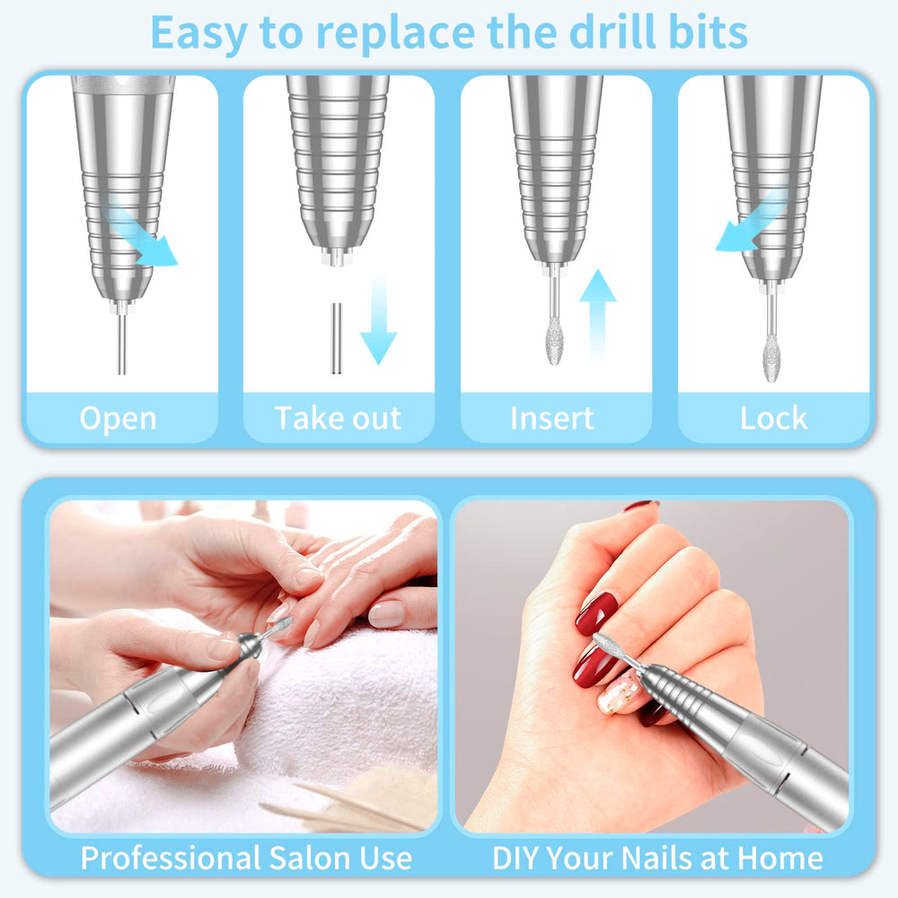 MOCOWIND blue nail drill features low heat and quiet operation for comfortable use.