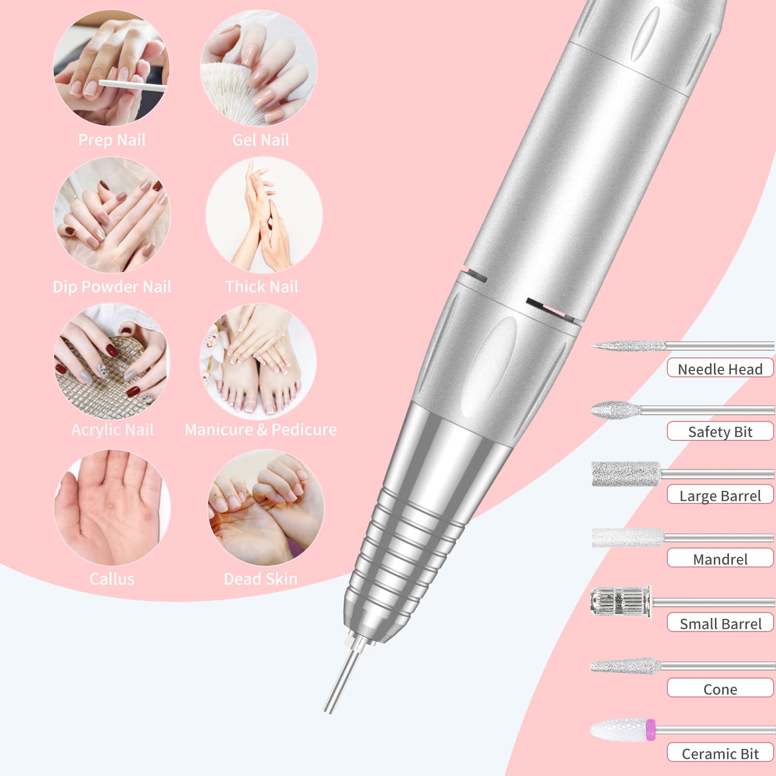 MOCOWIND portable nail drill side view emphasizes compact handpiece for comfortable handling.