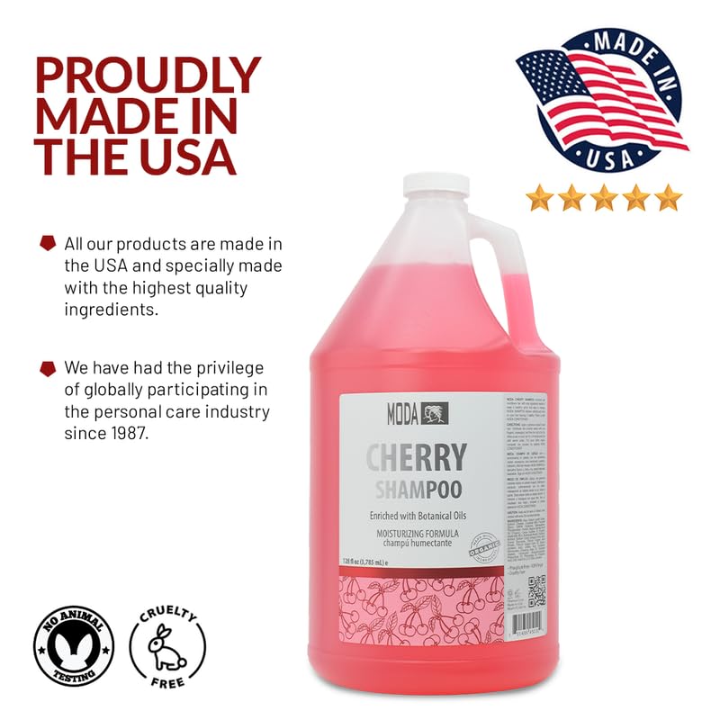 MODA Cherry Shampoo ingredients panel emphasizes hydration and strength for resilient hair