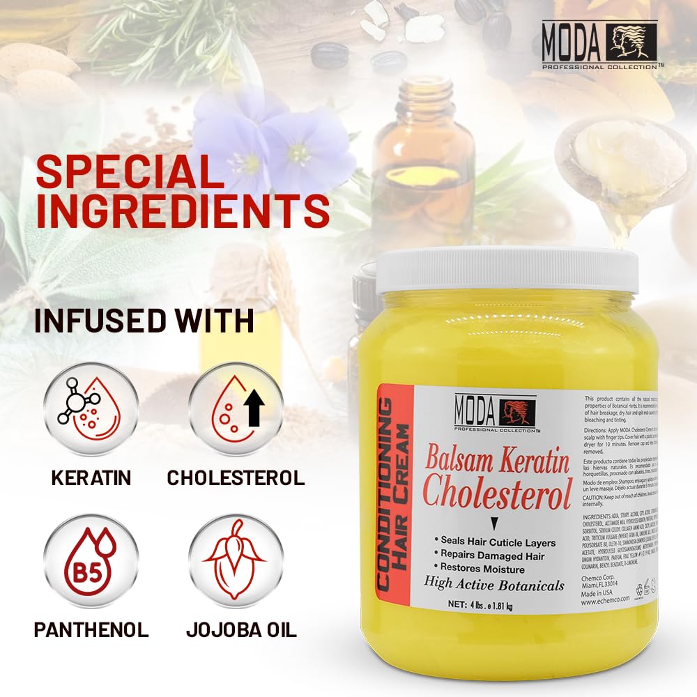 MODA Cholesterol Cream ingredients swatch highlights key conditioning agents for moisture and strength