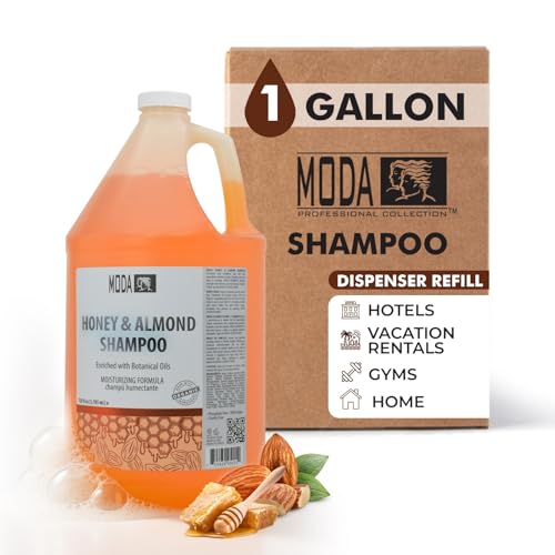 MODA Honey Almond shampoo bottle 128oz shows powerful cleansing for all hair types.