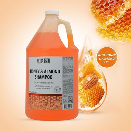 MODA Honey Almond shampoo label closeup highlights nourishing ingredients for hair strength.