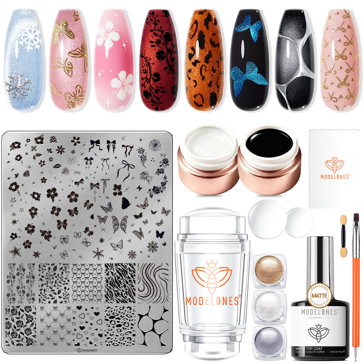 Modelones 16 PCS Gel Nail Stamping Kit package—complete at-home salon option for versatile nail art.