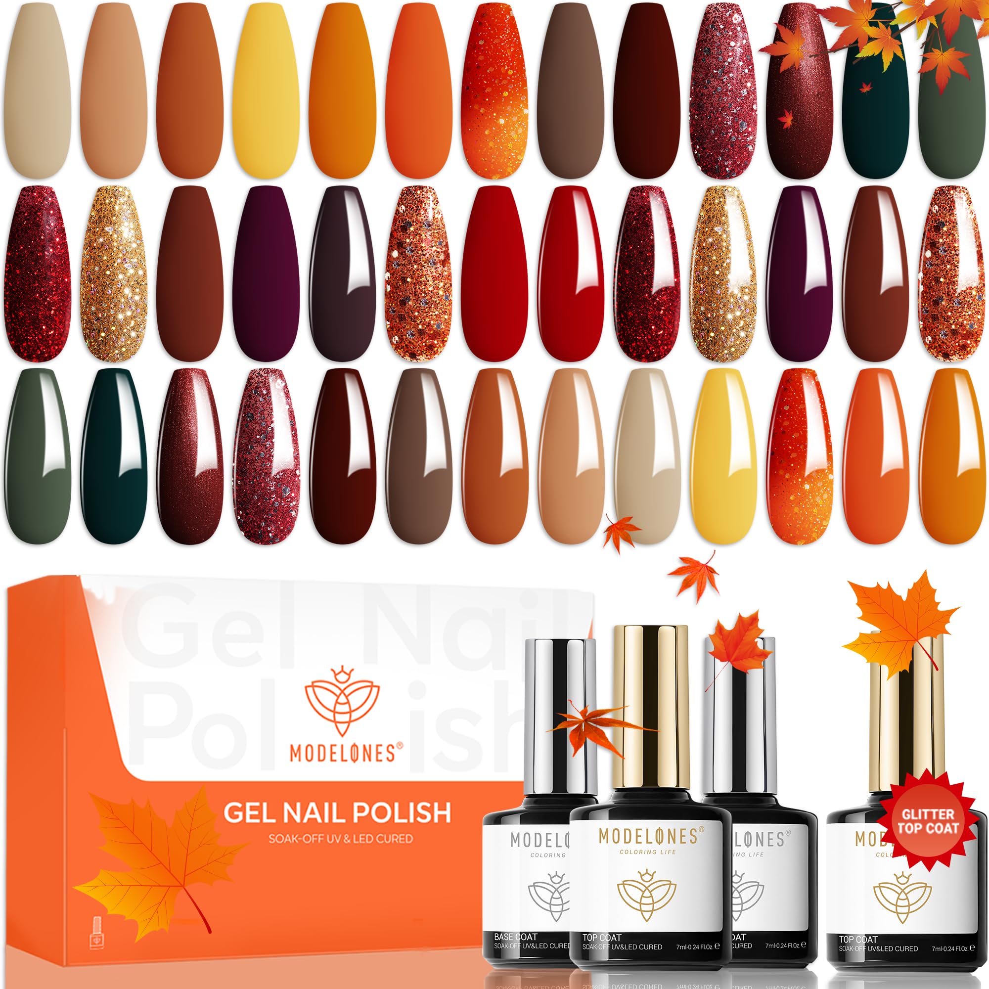 Modelones 20 colors gel nail polish kit bottle lineup showcasing fall shade options for nails