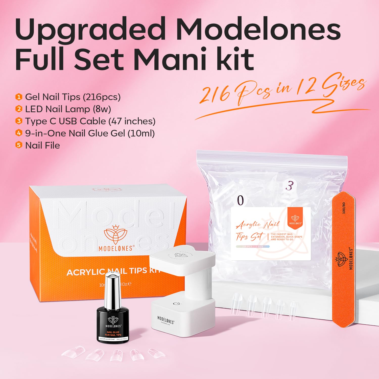 Modelones 216-pcs short square nail tips ready for precise, natural-looking extensions.