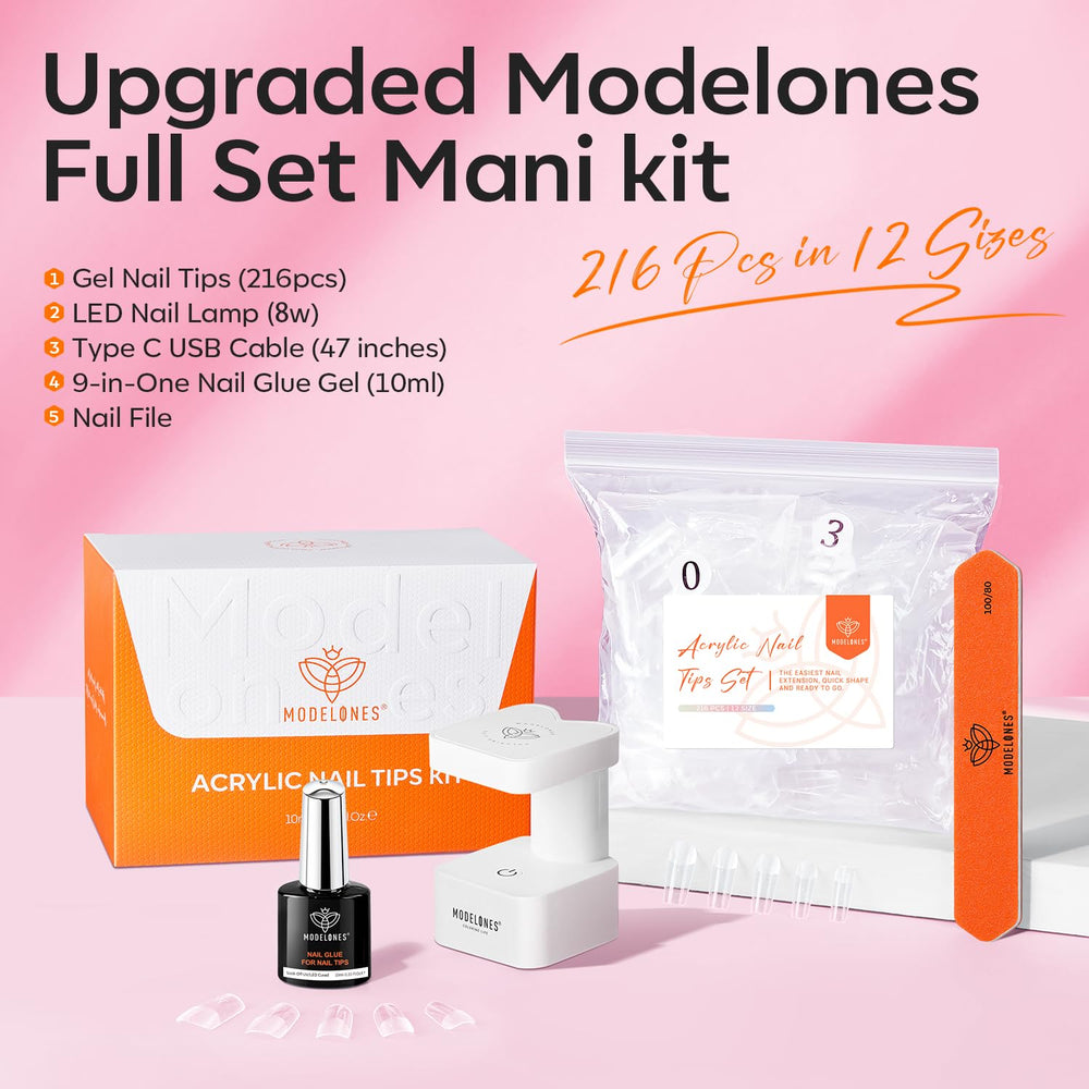 Modelones 216-pcs short square nail tips ready for precise, natural-looking extensions.
