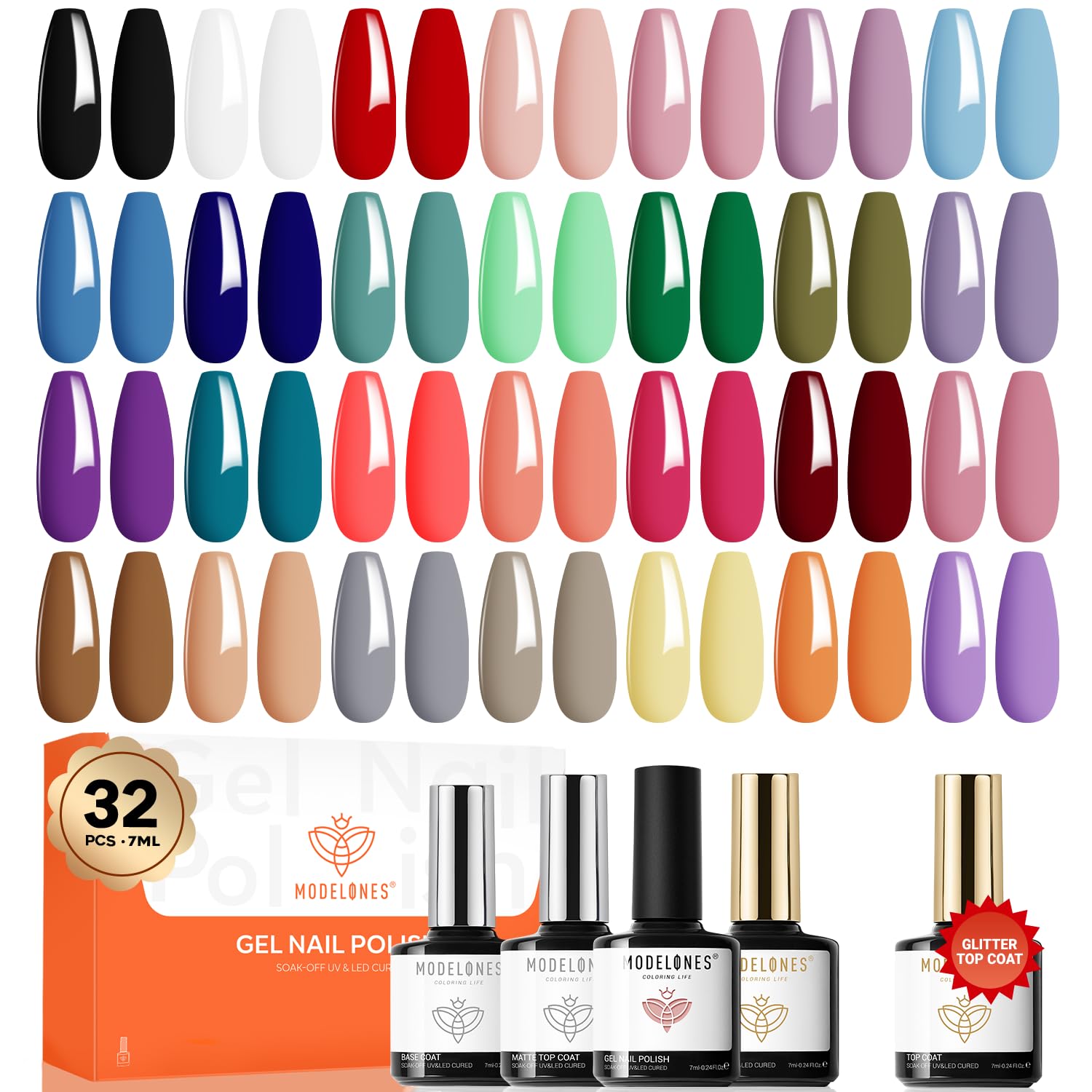 Modelones 32-piece gel nail polish set swatches show vibrant color range for all seasons