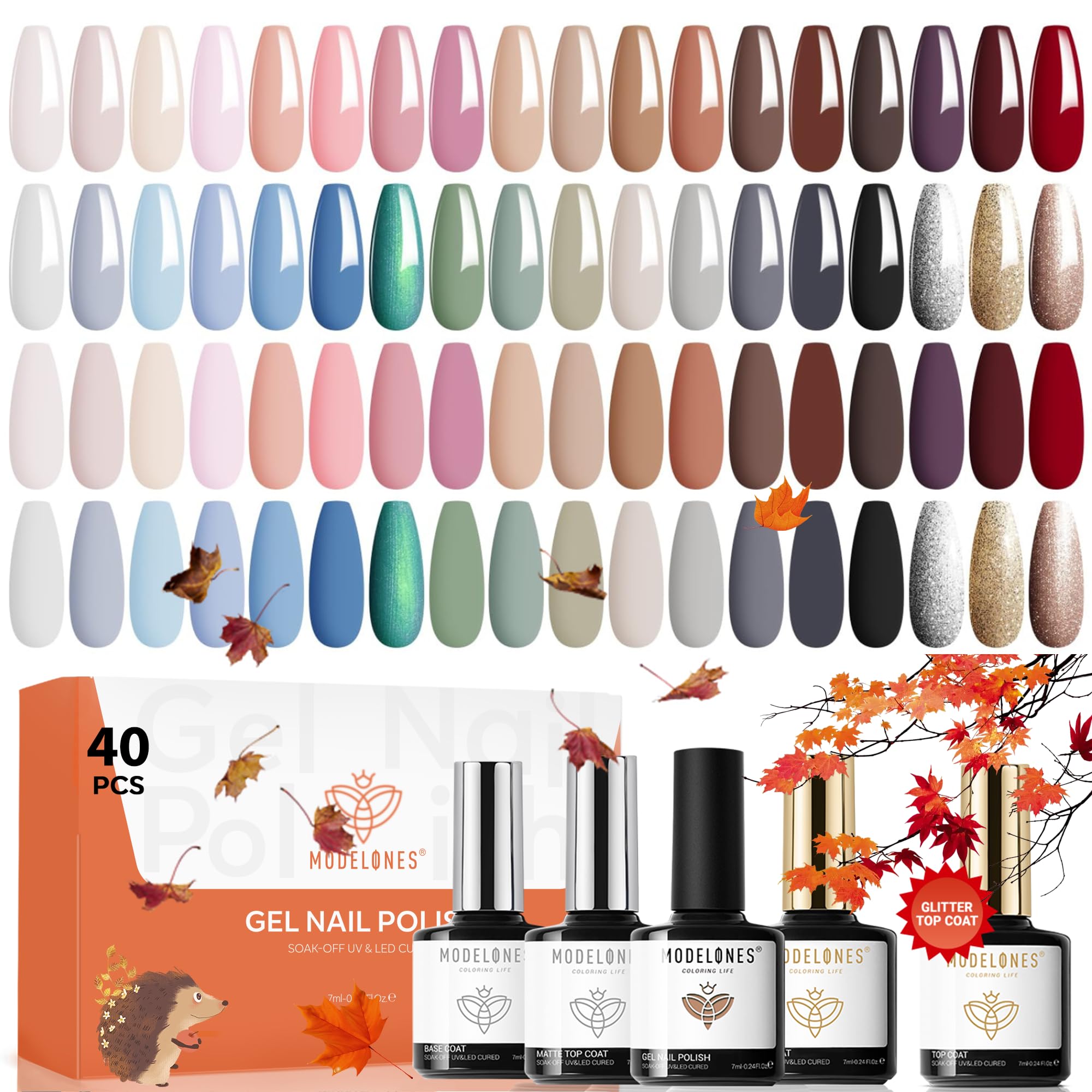 Modelones 40-pcs fall gel nail polish set for DIY manicure versatility.