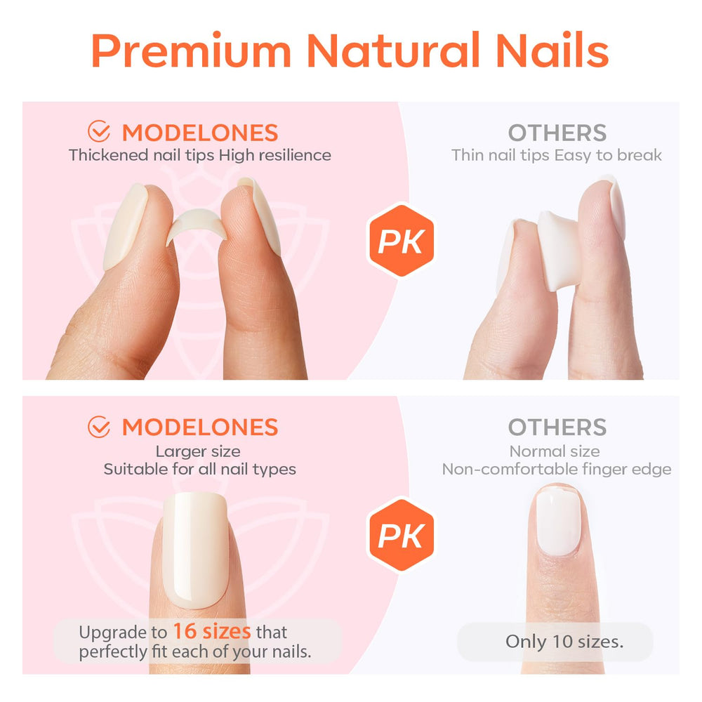 Modelones abs-material closeup emphasizes durable, reusable nails for safe at-home manicures.