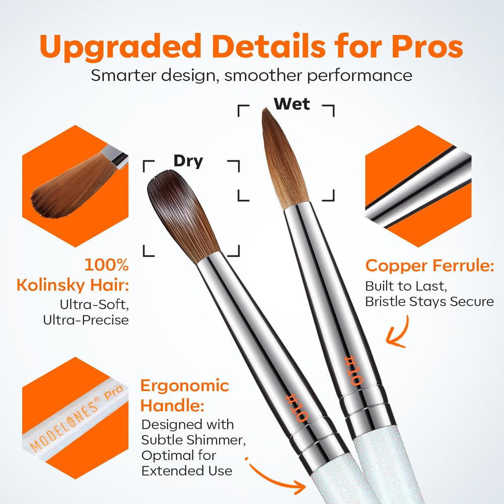 Modelones acrylic brush during powder application shows anti-clump design for clean use.