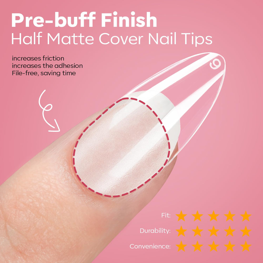 Modelones almond tips with half-matte texture for easier adhesion.