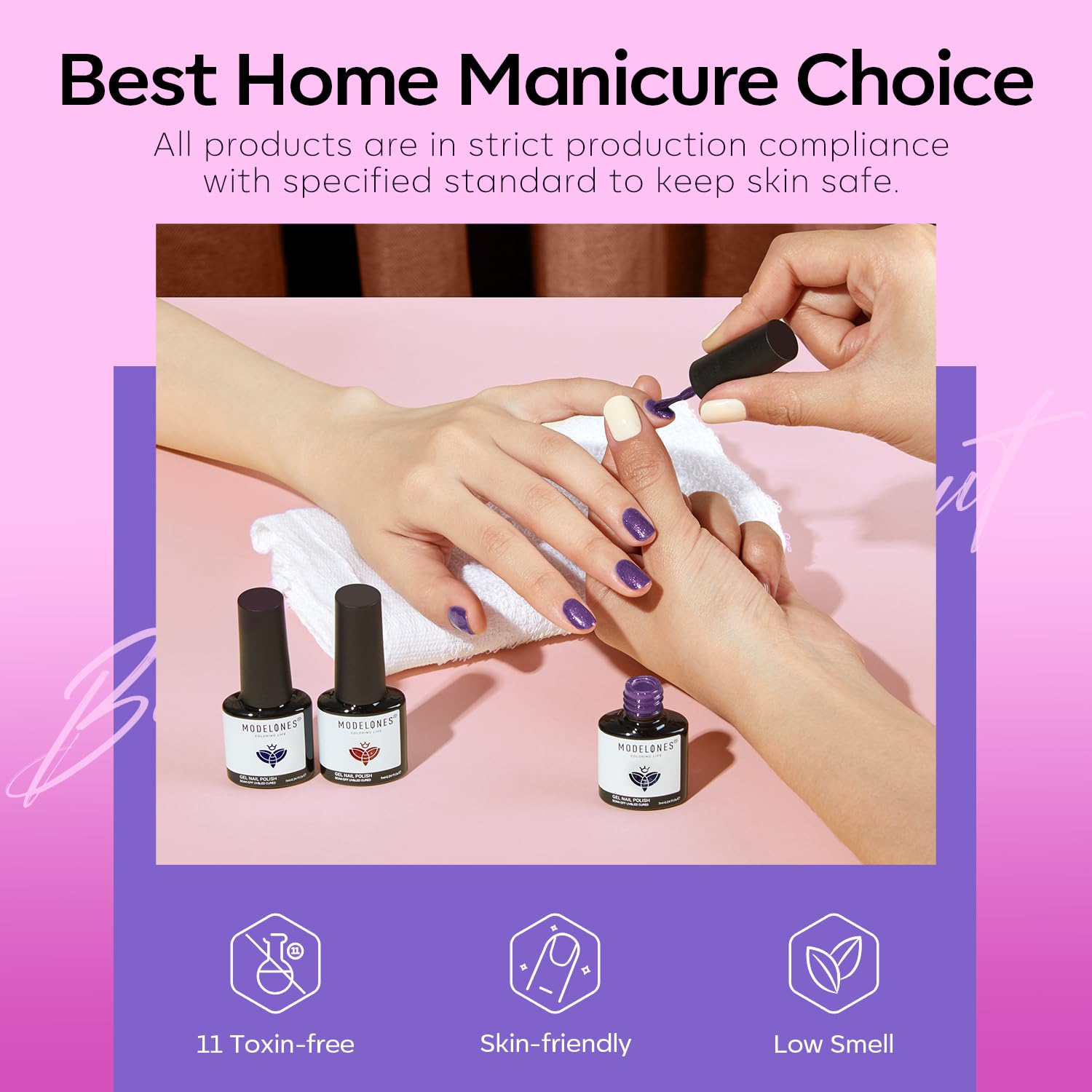 Modelones at-home manicure kit with lamp, base/top coats for DIY salon.
