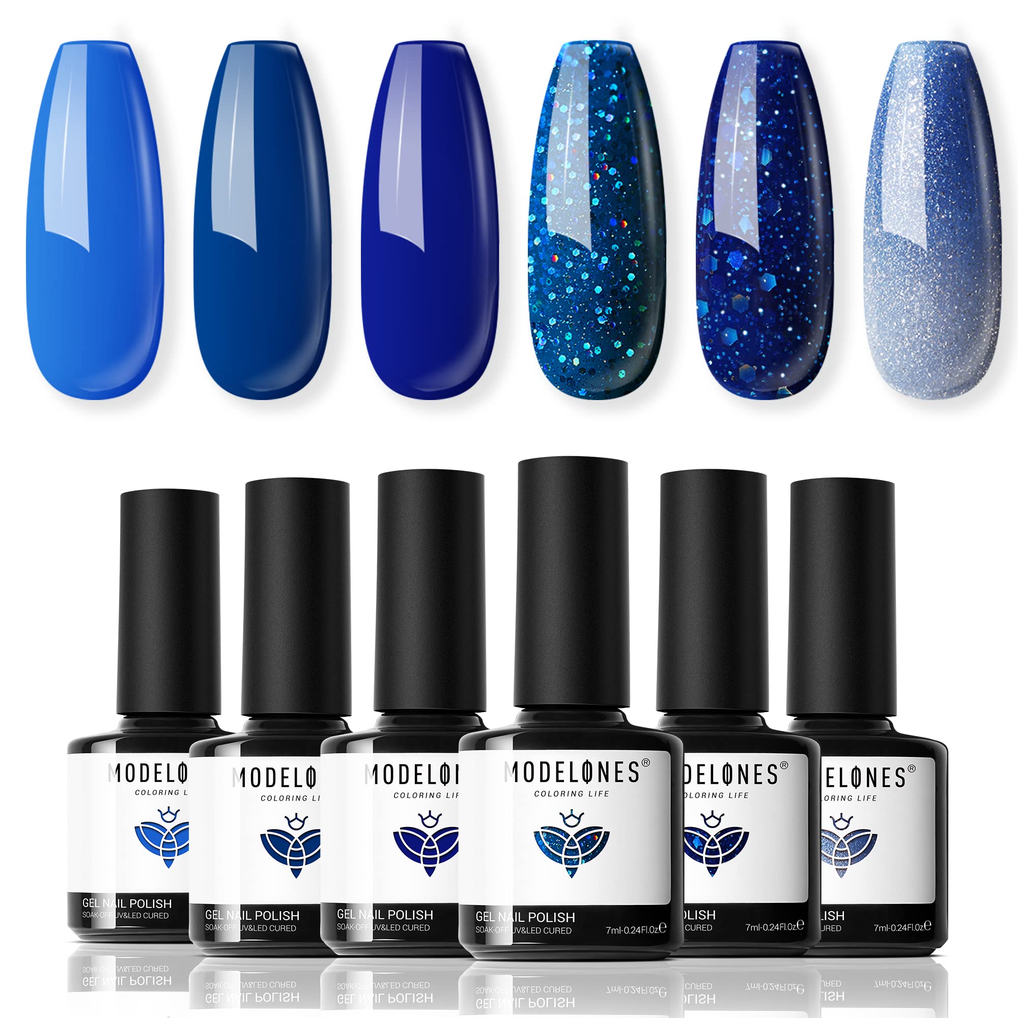 modelones blue gel nail polish set six shades swatches for winter glitter finish, salon-worthy