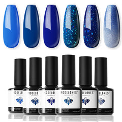 modelones blue gel nail polish set six shades swatches for winter glitter finish, salon-worthy