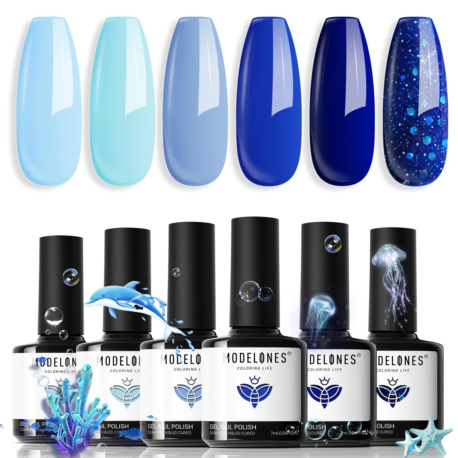 modelones blue gel nail polish set easy-application brush for quick manicure