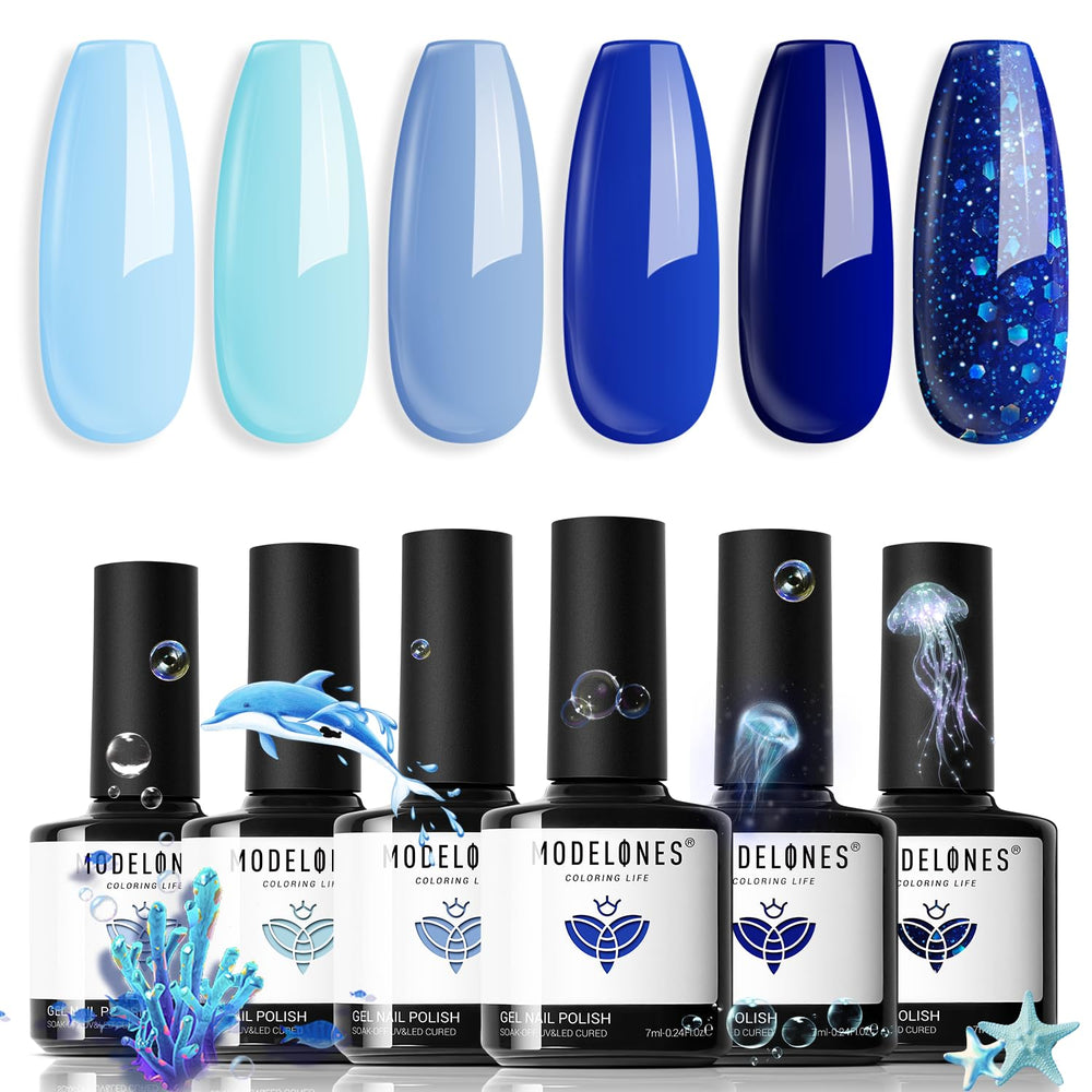 modelones blue gel nail polish set easy-application brush for quick manicure