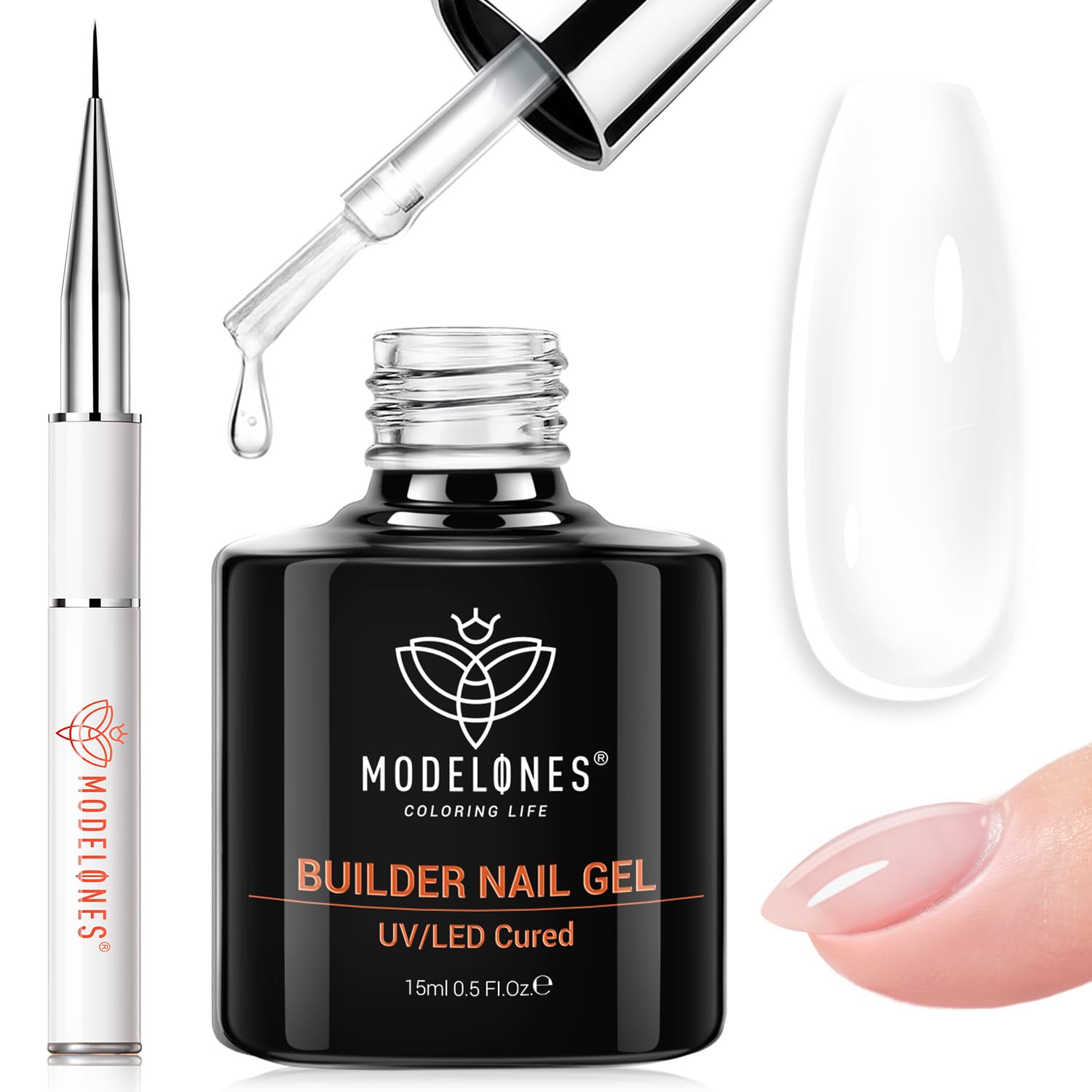 modelones builder nail gel 7-in-1 bottle shows a clear finish for strong nails.