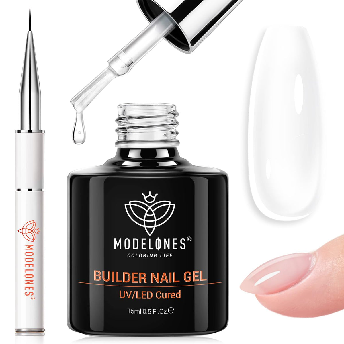 modelones builder nail gel 7-in-1 bottle shows a clear finish for strong nails.