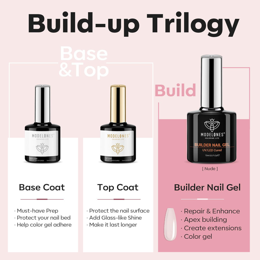 Modelones builder nail gel 8-in-one uses for base, color, apex, and length.