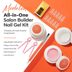Modelones builder dual-end brush enables precise pickup and smooth gel application.