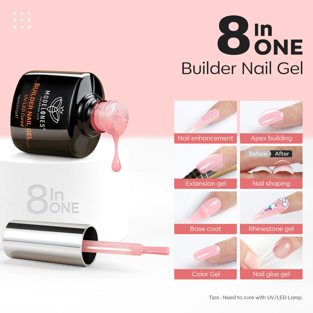 modelones 8-in-one gel concept highlighting base, build, and shine in one step