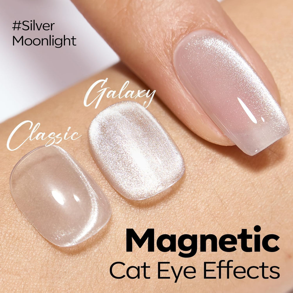 Modelones magnetic tool demonstrates custom cat eye designs with gel polish.