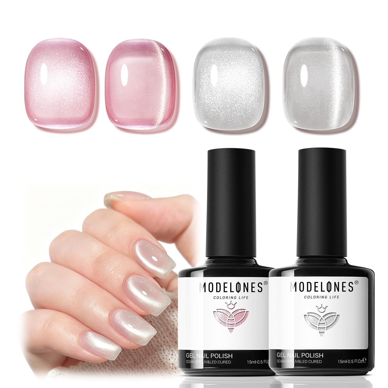 Modelones cat eye gel pink-silver 9D swatch showing multichrome sparkle.