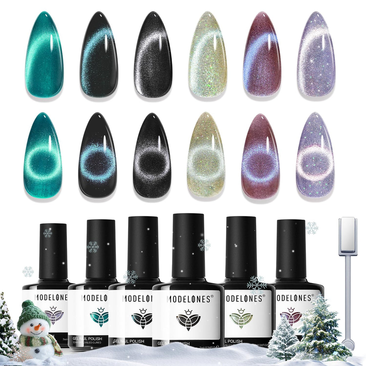 Modelones cat-eye gel nail polish set six colors bottles with holographic finishes for salon-quality nails.