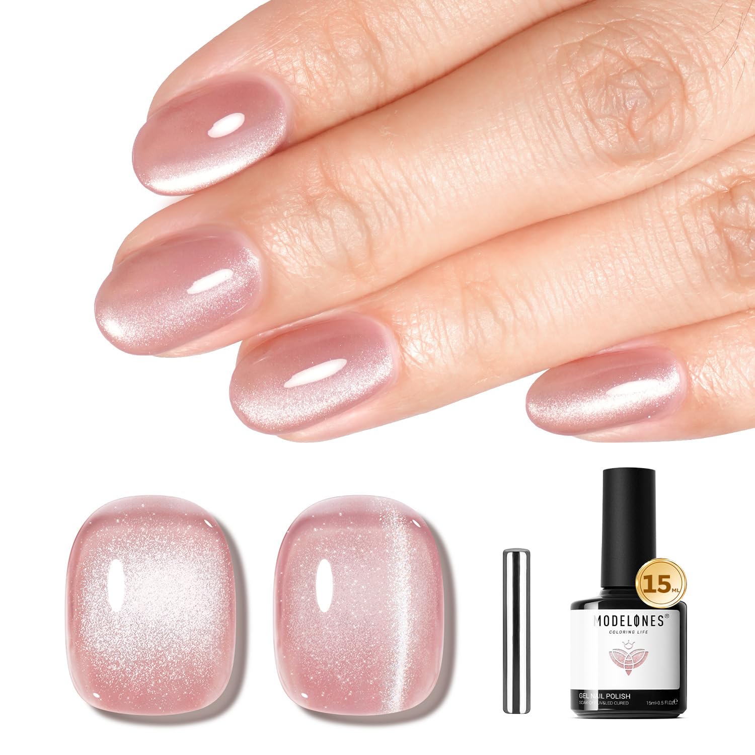 Modelones cat eye pink gel nail polish bottle shows vibrant shimmer for chic nails.