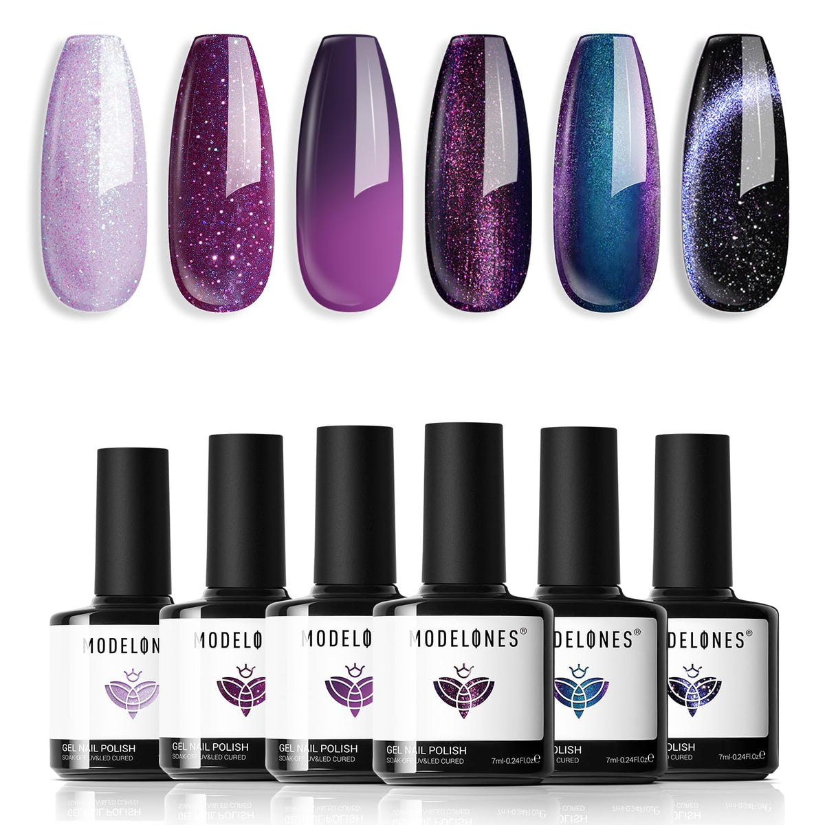 modelones cat-eye polish collection showing shimmering purple-red and blue tones