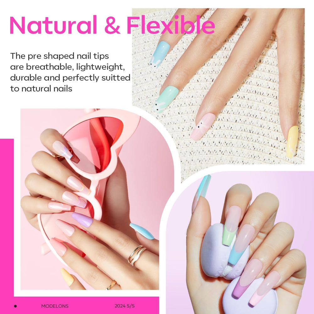 Modelones coffin extension setup shows possible at-home nail length customization.