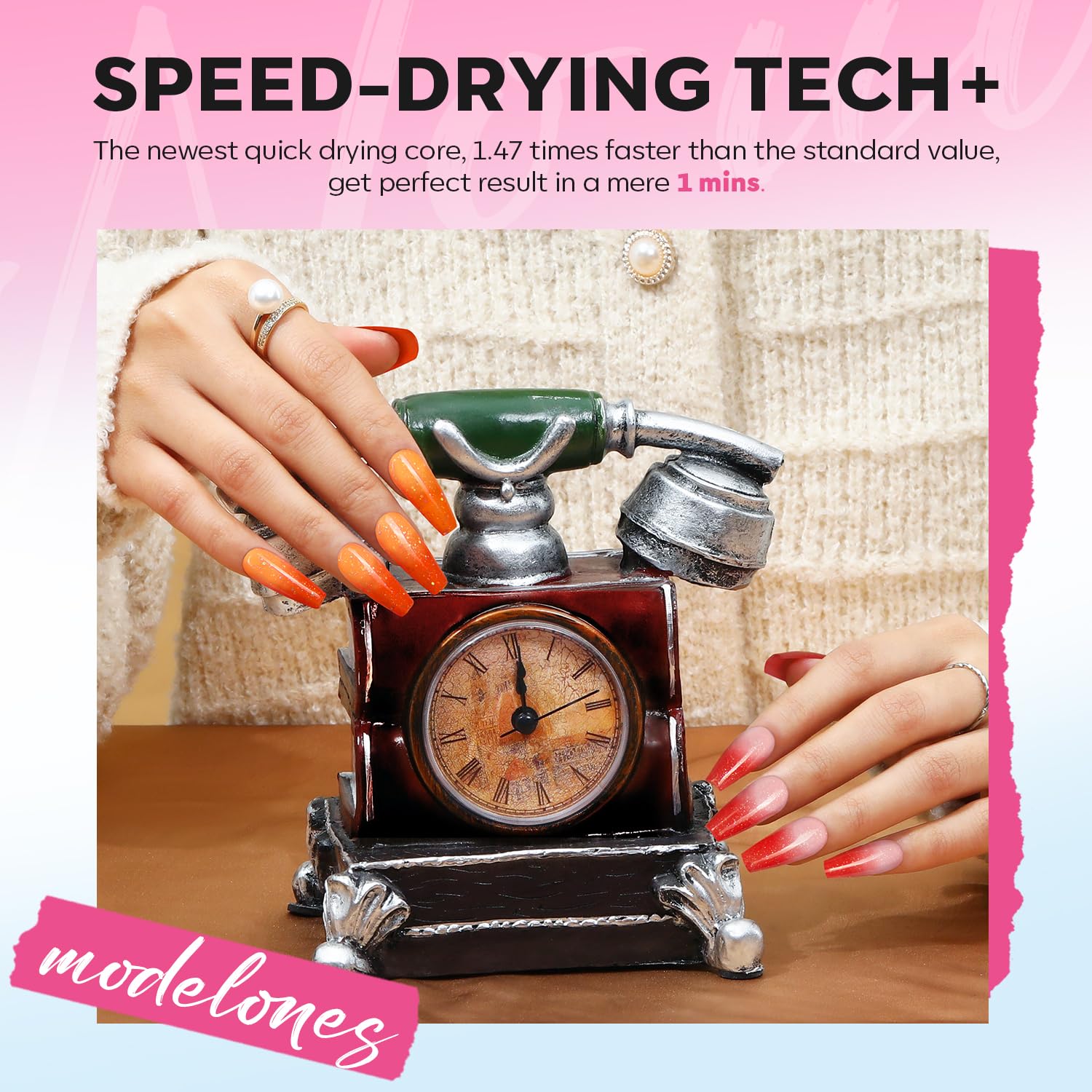 Modelones quick-dry gloss finish demonstrates fast manicure with glossy shine.