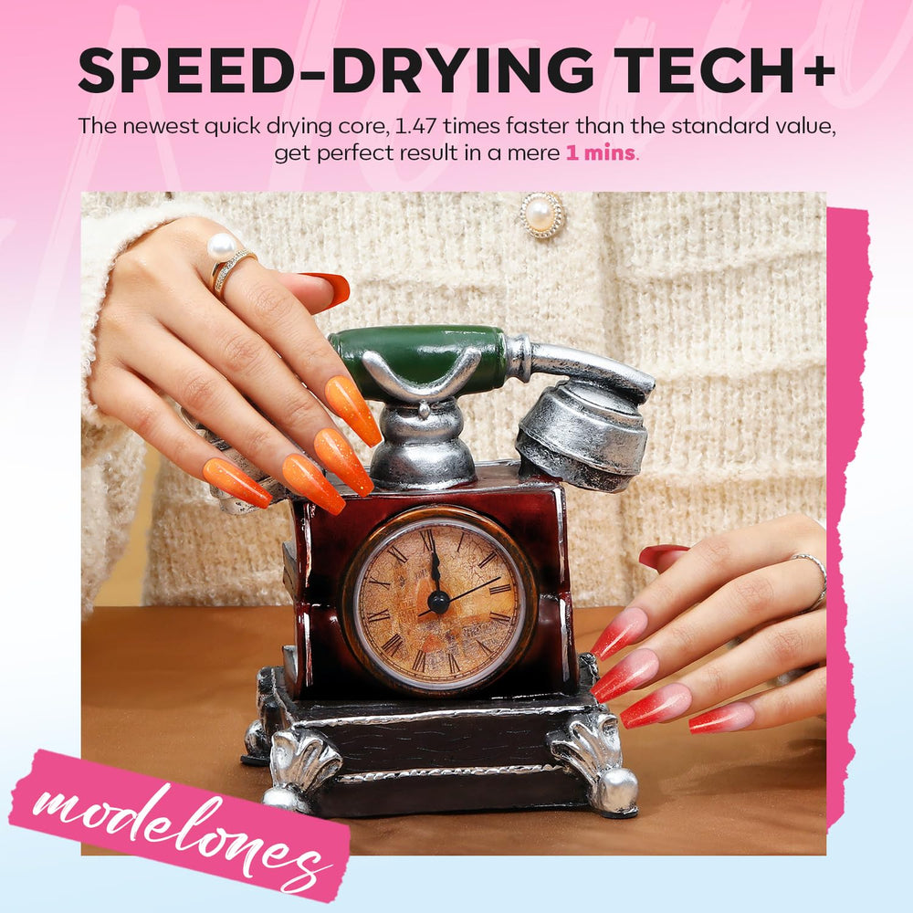 Modelones quick-dry gloss finish demonstrates fast manicure with glossy shine.