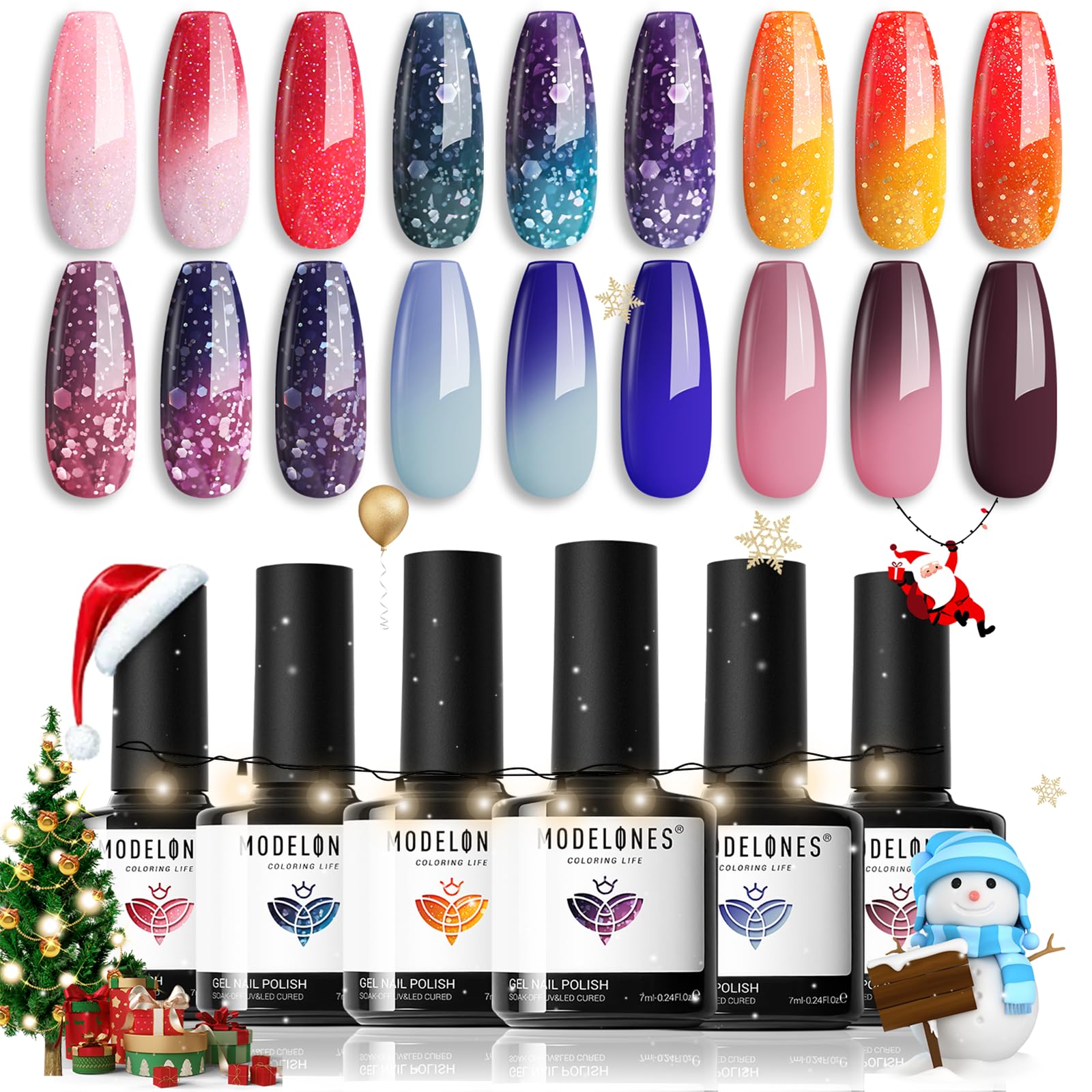 Modelones color-changing-nail-polish-set shows six shades for seasonal manicures.