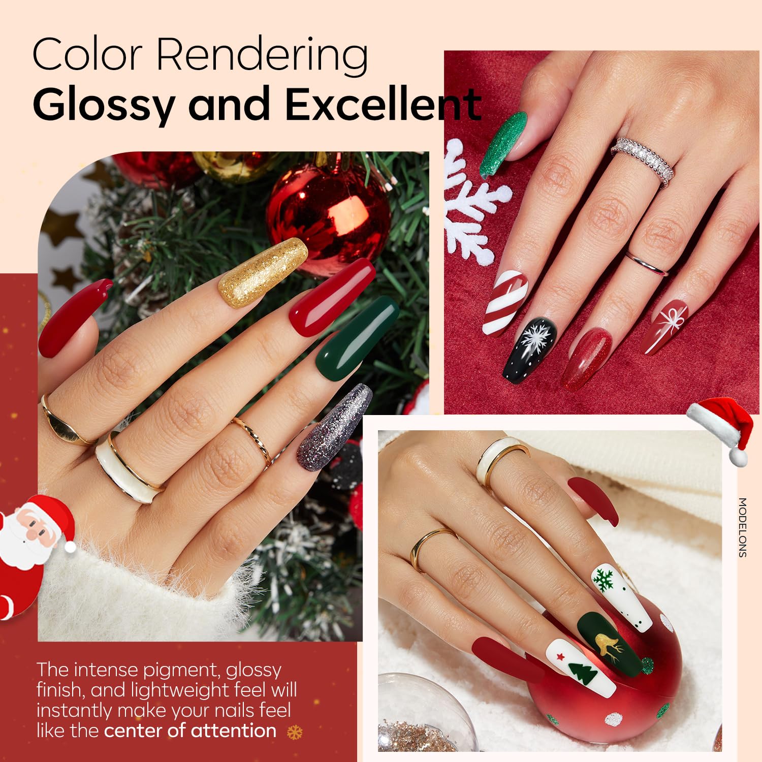 Modelones color-bottle swatch shows orange-red-green options for bold nails.