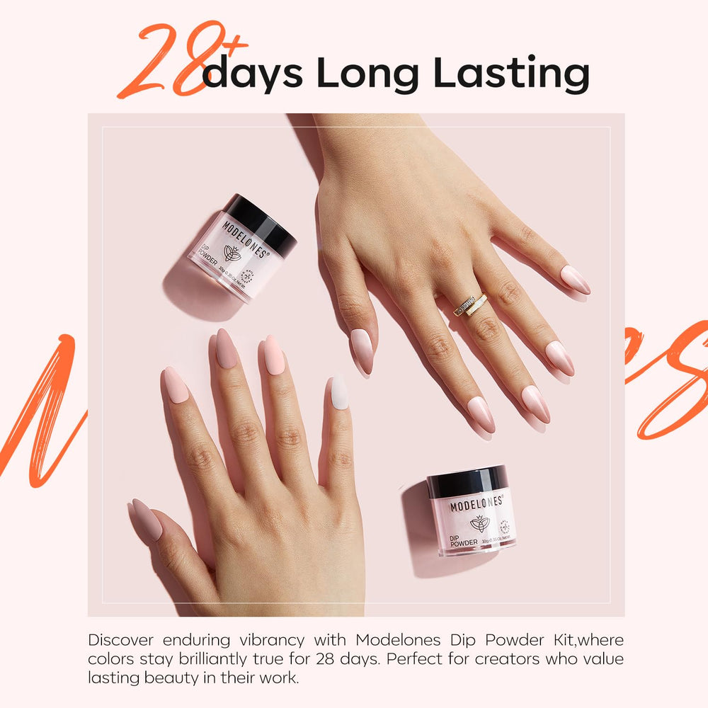 Modelones dip powder beige shade on nails for versatile looks.