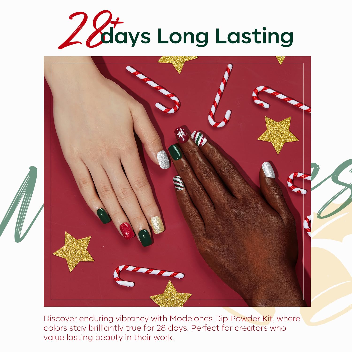 Modelones gold glitter powder adds sparkling accents for glam holiday nails