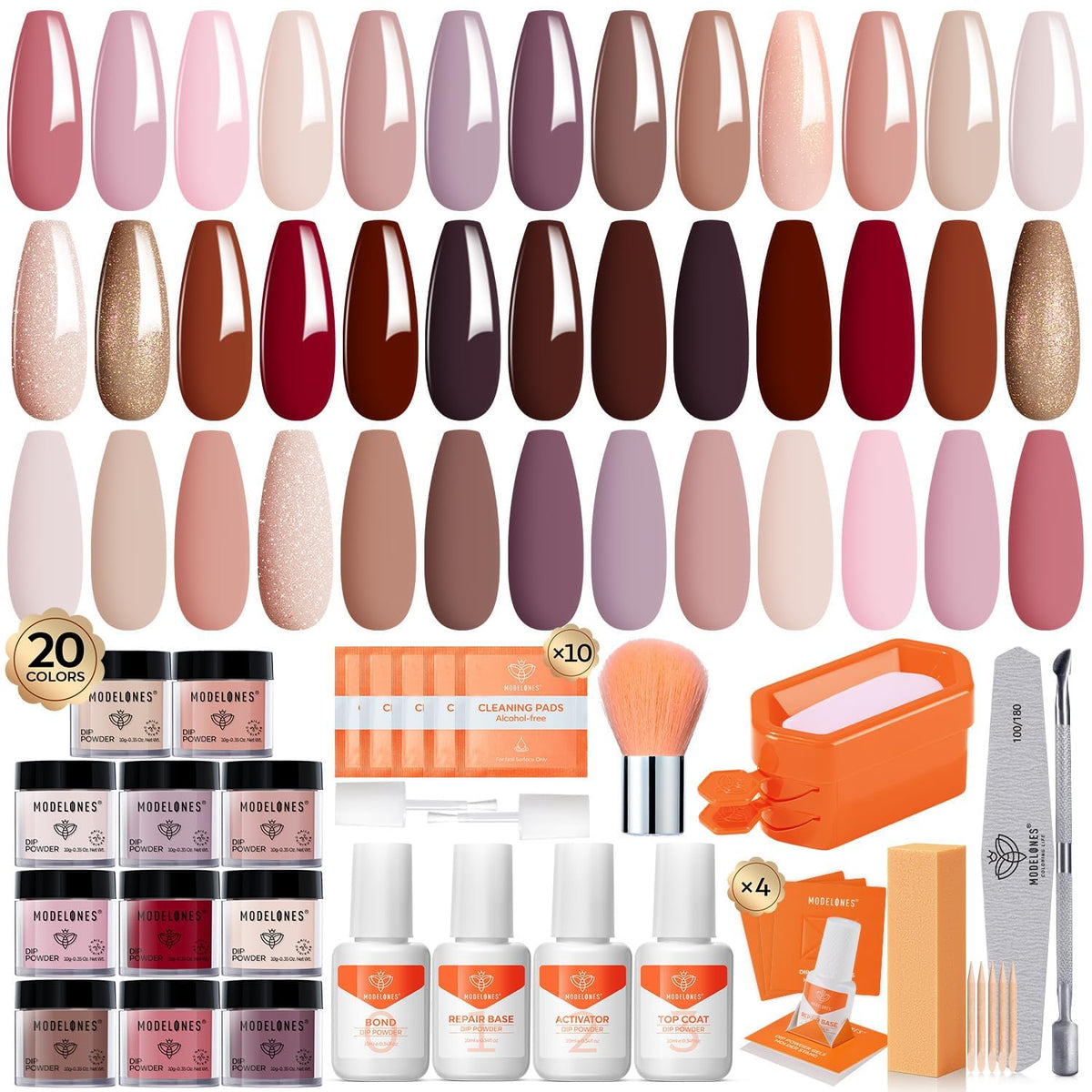 Modelones dip powder kit color palette with 20 shades for versatile nail art
