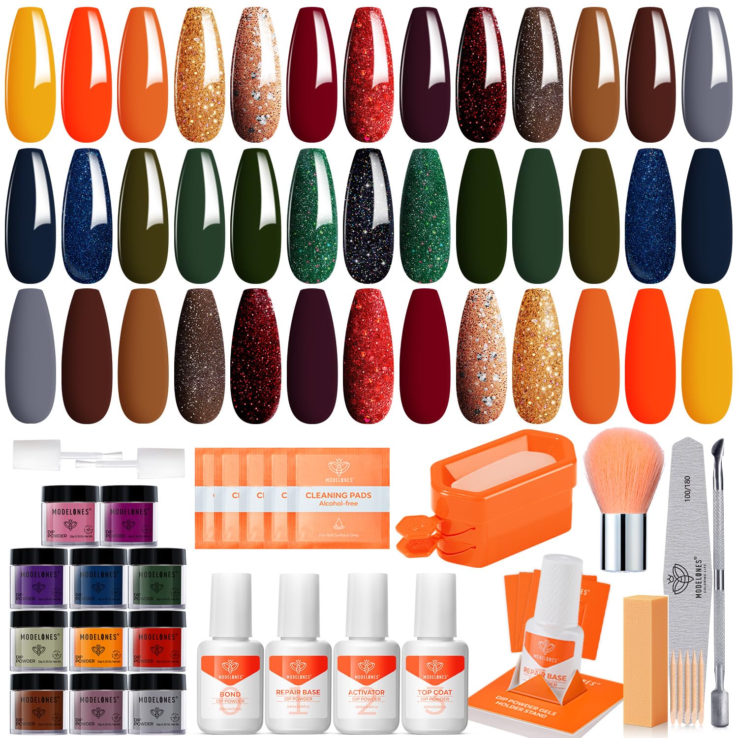 Modelones dip powder kit 20 colors swatches showcase versatile color options for any occasion.