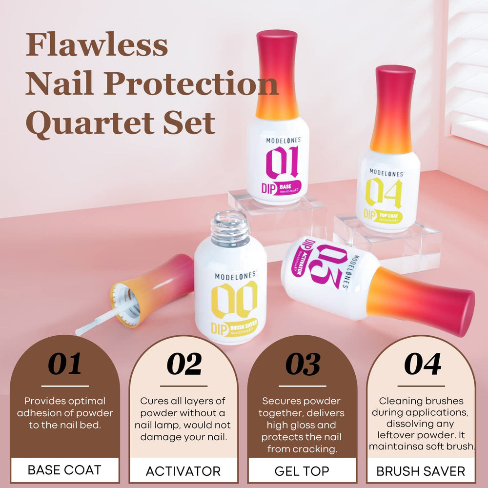 modelones dip powder liquid set manicure tools arranged for easy DIY nail art.