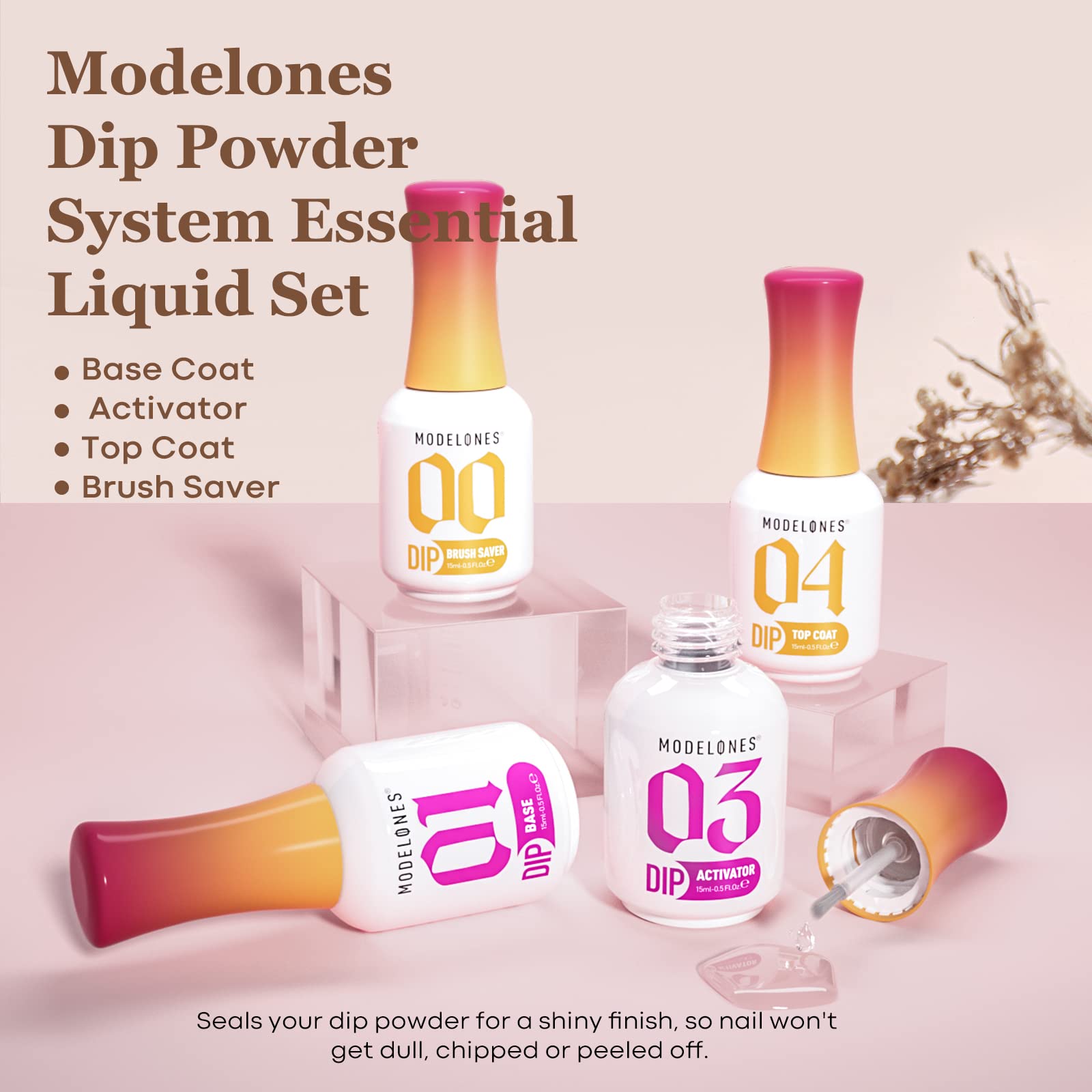 modelones dip powder liquid set top coat bottle delivers a glossy, chip-resistant finish.