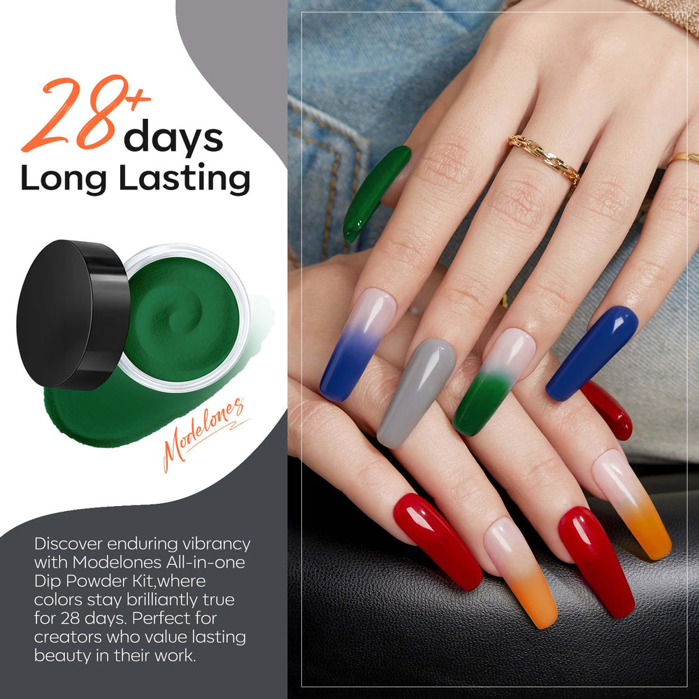 Modelones dip powder liquid set shows bond, base, activator, top coat.