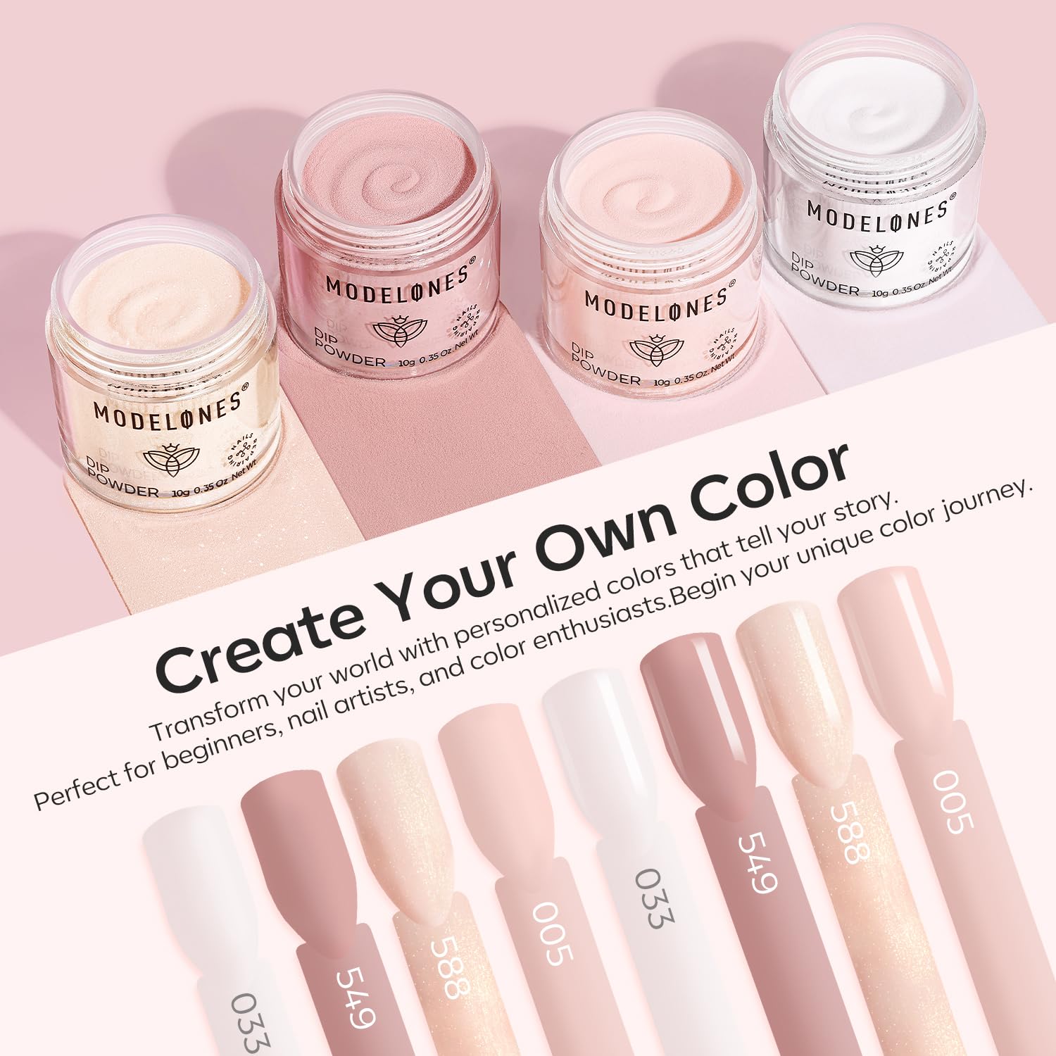 Modelones dip powder pink shade swatch for everyday chic durability.