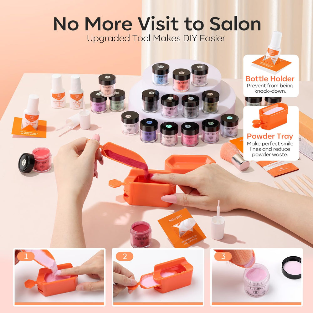 Modelones beginner friendly steps image shows easy dip powder process.
