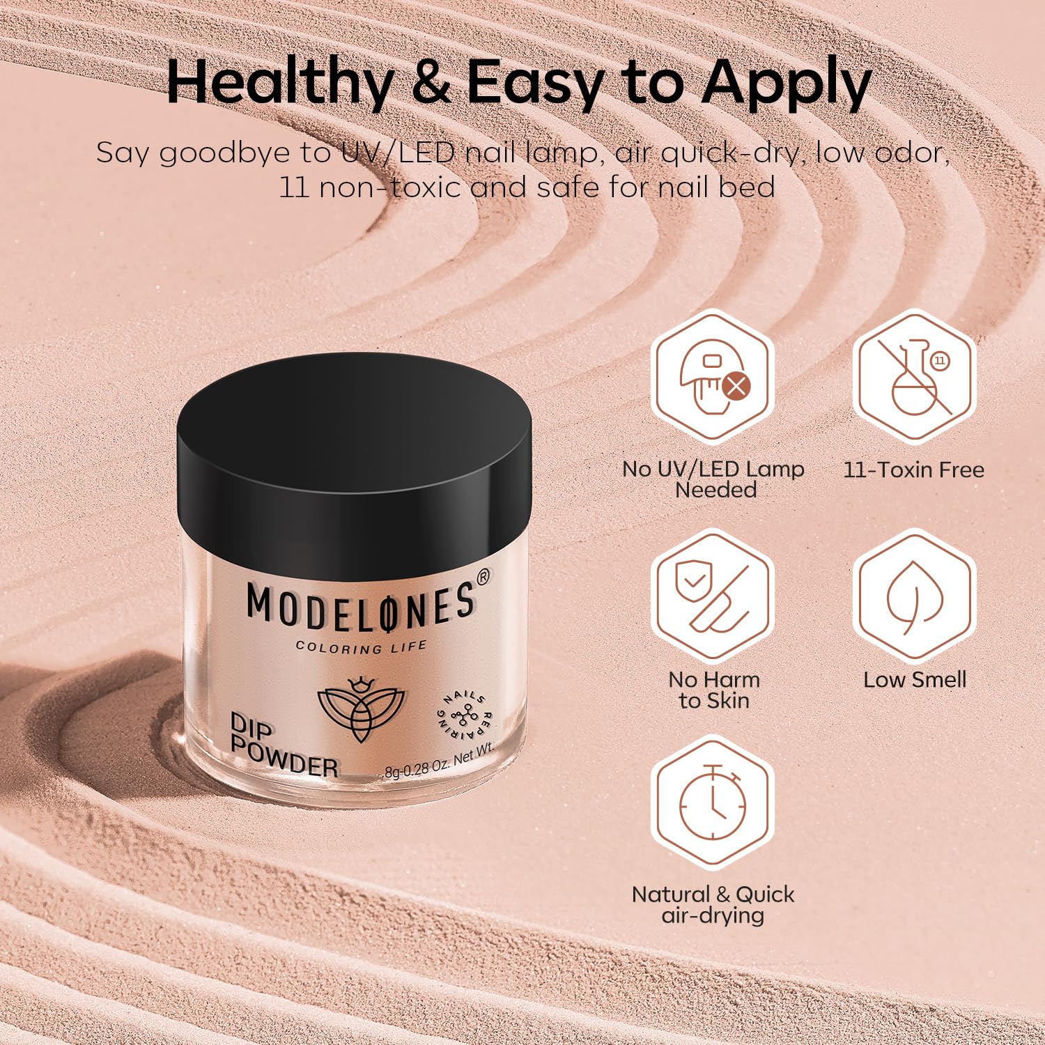 Modelones easy-application-dip-powder-kit suggests beginner-friendly steps and versatile color options.
