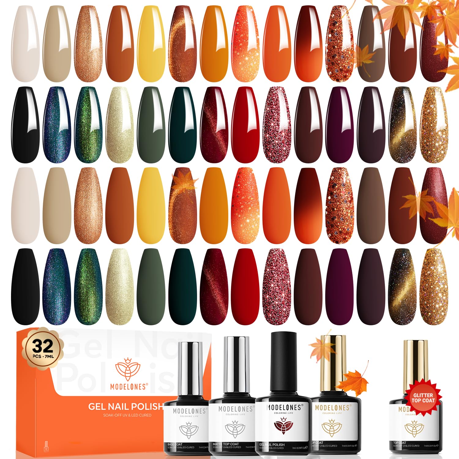 Modelones fall gel nail polish set colors closeup highlights a vibrant seasonal palette for chic nails.