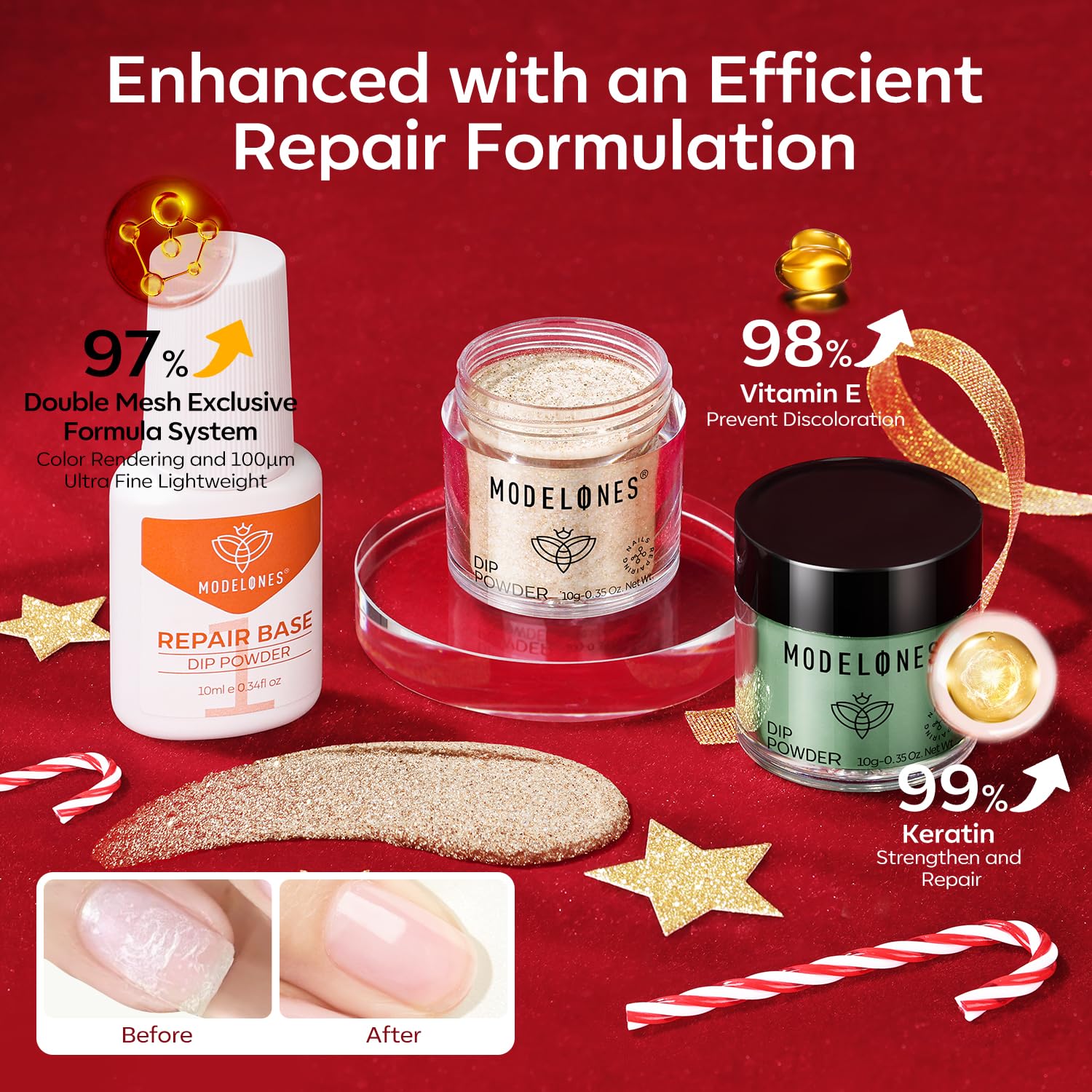 Modelones finished nail look featuring red and gold glitter for festive style