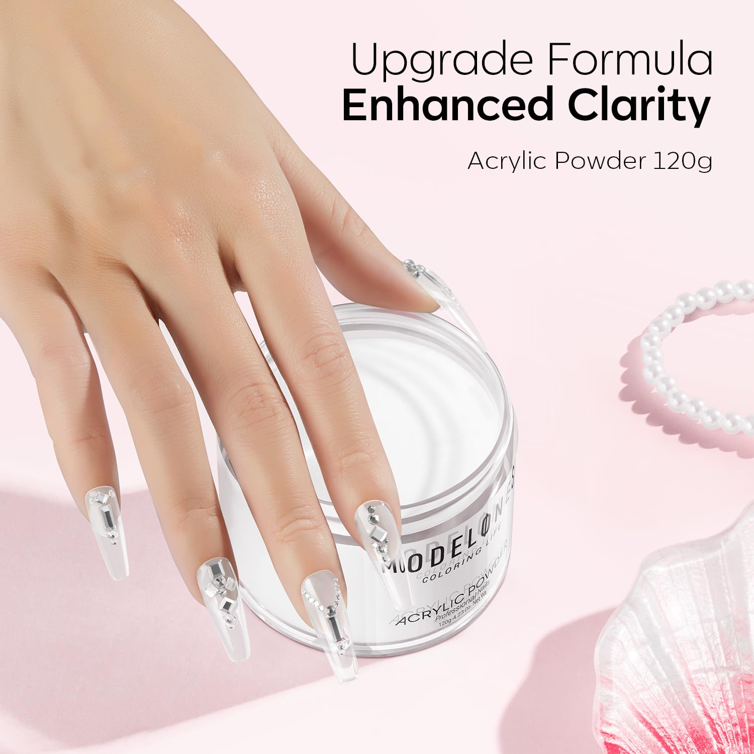 Modelones French manicure look achieved with acrylic powder and top coat finish.