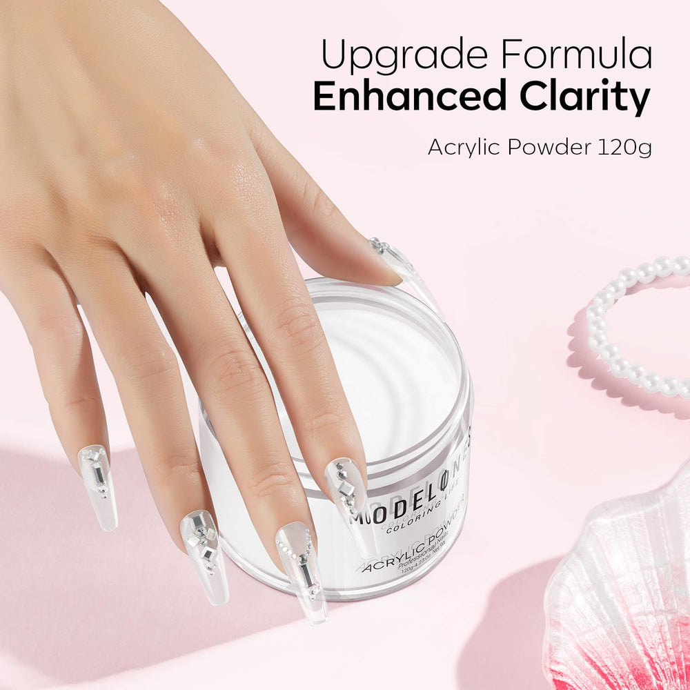 Modelones French manicure look achieved with acrylic powder and top coat finish.