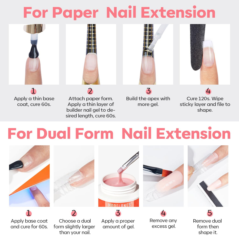 Modelones Gel Builder non-yellowing finish helps maintain glossy, salon-ready nails.